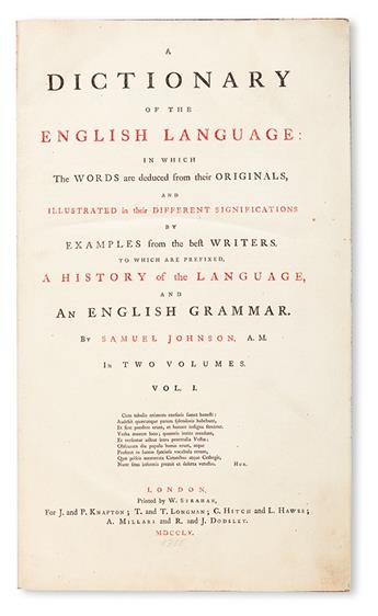 JOHNSON, SAMUEL.  A Dictionary of the English Language.  2 vols.  1755